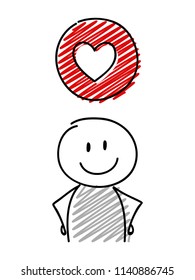 Stickman with smiley facial expression holiding heart (social media) icon. Vector.