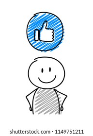 Stickman with smiley facial expression holiding thumb (social media) icon. Vector.