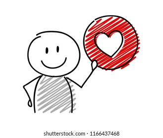 Stickman with smiley facial expression holiding heart (social media) icon. Vector.