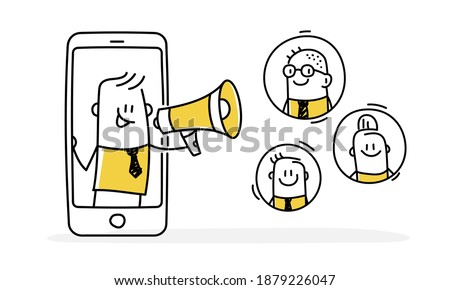 Stickman speaks into a megaphone. Refer a friend loyalty program, referral marketing, online promotion method. Vector illustration.