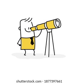 Stickman with a spyglass. Businessman looking for creative idea. Successful business idea concept. Vector illustration.
