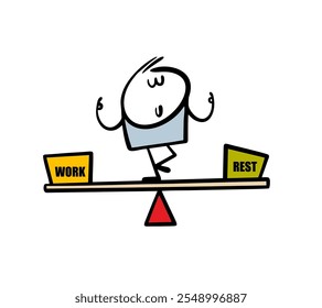 Stickman stands on a scale and balances on a swing between work and rest. Vector illustration of psychological comfort and relaxation, mental balance. Isolated doodle character on white background.