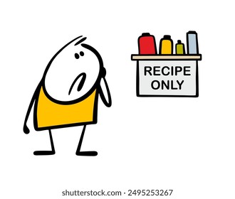 Stickman stands at the shelf with medicines in the pharmacy. The customer was refused service. Vector illustration of cartoon man who forgot a prescription in the hospital. I need a doctor.