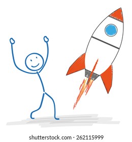 Stickman with starting rocket on the white. Eps 10 vector file.