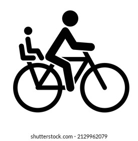 Stickman, stick figure man cycling line pattern. Cyclist with child Vector bicycle icon or pictogram. Bike symbol or logo. Family, Father or mother and child concept. school