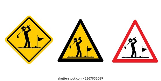 Stickman, stick figure man with golf stick. Golf player zone and golf course icon. Golf club with a ball silhouette. Sportsman hitting ball with niblick. Golfer zone