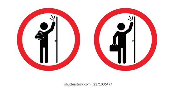 stickman, stick figure man. No sales at the door. No soliciting, faith, creed, or religious sign. Stop, do not knock the door or do not disturb sign. No Salesmen. No sale, shopping or special offer.