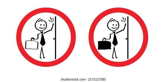 stickman, stick figure man. No sales at the door. No soliciting, faith, creed, or religious sign. Stop, do not knock the door or do not disturb sign. No Salesmen. No sale, shopping or special offer.