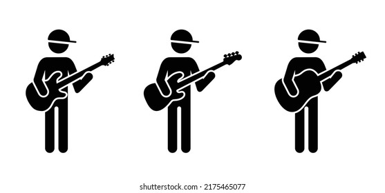 Stickman, stick figure man singer. Musician, guitar player or guitaris Cartoon bass, acoustic, rock electric, guitars headstock. Music silhouette. Vector guitars. Musical instrument, guitar amplifier.