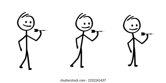 Stickman, stick figure man with throwing the darts arrows to Dartboard icon. For throw single, double, triple Bullseye (bull's-eye). Hand throw dart arrow. Shooting to dart board.
