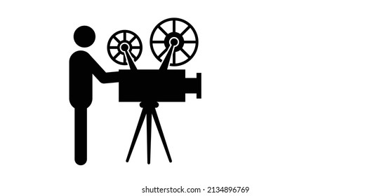 Stickman, stick figure and Old retro movie and film. Retro cinema projector. Film camera tape with ray of light Vector recording projector icon Old picture roll frame Filmstrip. Cinema day. festival.