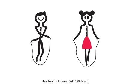 Stickman, stick woman are jumping rope. smiling, funny, kid game.