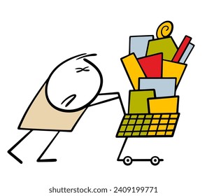 Stickman in the store is carrying a heavy Christmas tree with purchases. Vector illustration of  character in supermarket and seasonal sale. Discounts for the buyer. Flat graphic cartoon.