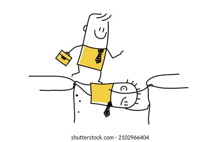 Stickman. Strong Business Manager Uses Himself As A Human Bridge For Others To Bridge The Cliff. A Selfish Businessman Uses Other People To His Advantage. Doodle Style. Vector Illustration.