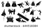 Stickman Super Human Superhero. Cliparts depict a hero character in actions. The superhero is beating bad people, flying up, rescuing a girl, and protecting the city from villain.