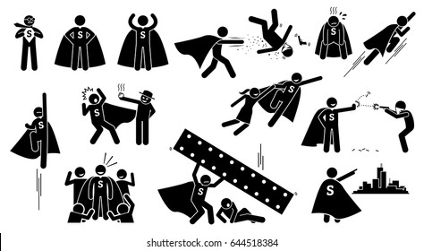 Stickman Super Human Superhero. Cliparts depict a hero character in actions. The superhero is beating bad people, flying up, rescuing a girl, and protecting the city from villain.