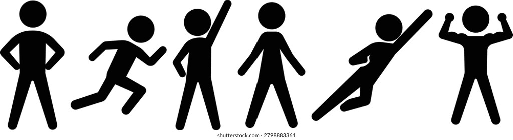 Stickman superhero power pose icon set with heroic stances, Human figure energy and action symbols, Superhuman silhouette collection