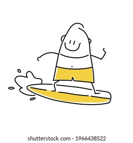 Stickman mit Surfbrett, der eine Welle reitet. Vektorgrafik.