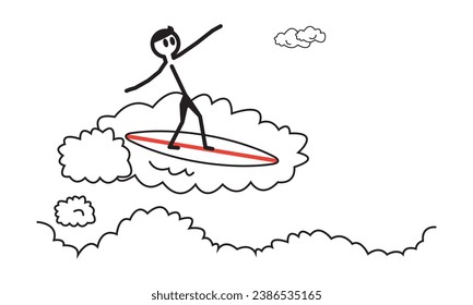 stickman surfing on the clouds with his surfboard, vector, balance