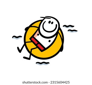 Stickman in swimming trunks sits in an inflatable circle and floats on the waves . Vector illustration of a relaxed character on a summer vacation on the seashore. Cartoon image isolated.