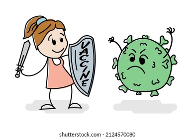 Stickman with sword fighting against monster or giant covid-19 virus. Cartoon stick figure drawing conceptual illustration of young woman is fighting corona virus. Stick figure knight in cartoon style