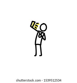Stickman taking selfie vector illustration. Ux design stick figure with phone camera. Trendy bullet journal character design clipart. 