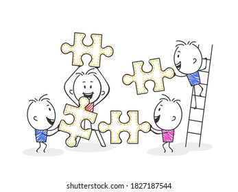 Stickman team work helping each other to solve the problem