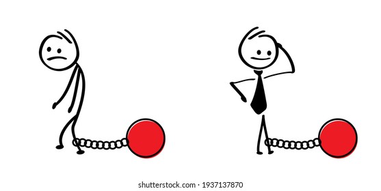 Stickman think of deadline Happy business cartoon. Stick figures man with chain and ball. Vector deadlines, work time sign drawing person.