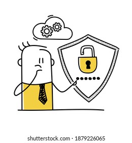 Stickman thinking, cyber security, data protection. Vector illustration.