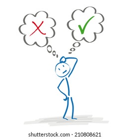 Stickman with thought bubbles on the white background. Eps 10 vector file.