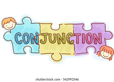 Stickman and Typography Illustration of Kids Playing with Pieces of Jigsaw Puzzle with the Word Conjunction Written on Them