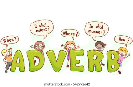 Stickman and Typography Illustration of Kids with Speech Bubbles Around Their Heads Asking Adverbial Questions