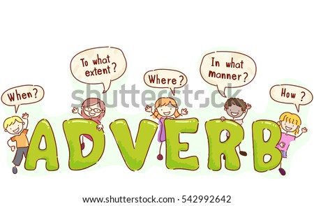 Stickman and Typography Illustration of Kids with Speech Bubbles Around Their Heads Asking Adverbial Questions