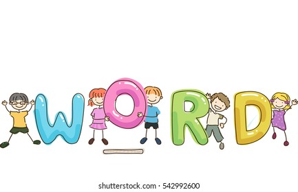 Stickman and Typography Illustration of Kids Trying to Spell a Word That Has a Missing Letter