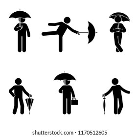 Stickman with umbrella icon set. Black silhouette of male with rain resistant accessory on white