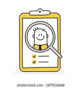 Stickman under a magnifying glass. Recruitment, job candidate review, CV analysis concept. Vector illustration.