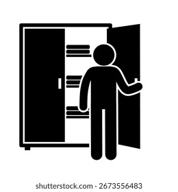 Stickman vector illustration of opening wardrobe.