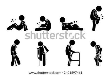 STICKMAN VECTOR ILLUSTRATION, PICTOGRAM, STICK FIGURE FOOT INJURY, ACL INJURY, BROKEN LEG