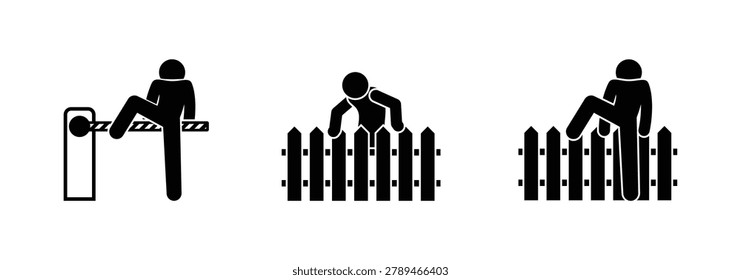 Stickman vector set of people climbing fence and barrier, isolated figures on transparent background.