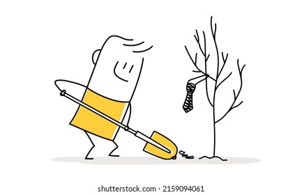 Stickman, volunteer, gardener plant tree. Doodle style. Vector illustration.