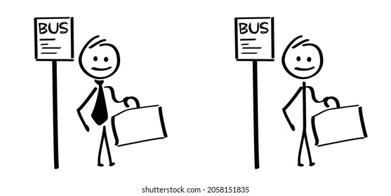 Stickman wait for the bus to go to school, work, party, friends or family. Funny Comic,  cartoon stick figures man waiting  for transport at bus stop. Passengers waiting, businessman with suitcase.