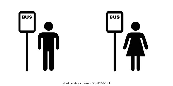 Stickman wait for the bus to go to school, work, party, friends or family. Funny Comic,  cartoon stick figures man waiting  for transport at bus stop. Passengers waiting pictogram or icon.