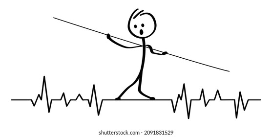 Stickman walk on heartbeat line. Stick figure man walking on a thin wire or highliner. Tightrope walker balancing for good or bad life. Pulse trace. EKG and Cardio symbol. Healthy and Medical concept.