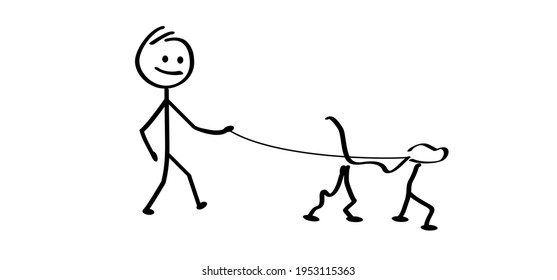 Stickman Walking With The Dog. Flat Vector Cartoon Sign. Stick Figures Walks His Dog On A Leash. Happy Stick Figure Man.