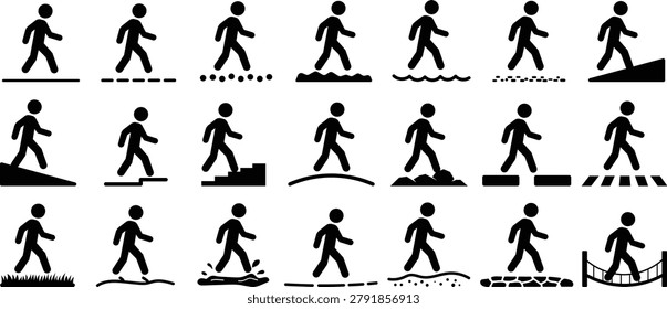 Stickman walking on different surfaces icon set, Human figure movement across varied terrain types, Stickman mobility silhouette collection