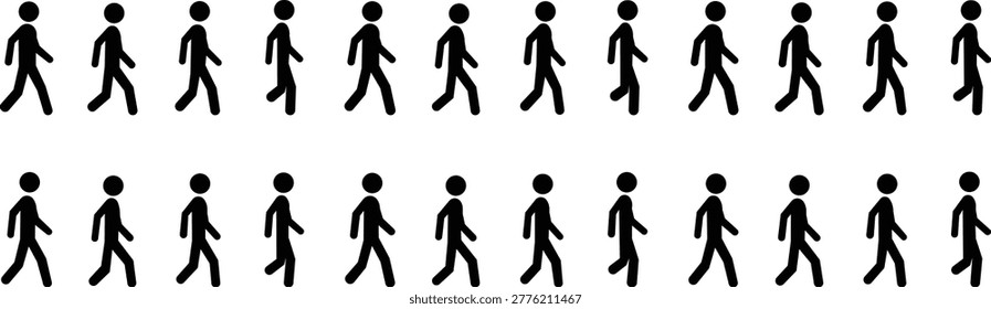 Stickman walking sequence icon set with step variations, Human figure movement progression silhouettes, Walking cycle animation collection