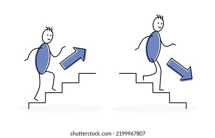 Stickman Walking Stairs Up And Stairs Down Symbol. Vector Illustration Of Stick Figure Doing Upstairs And Downstairs.