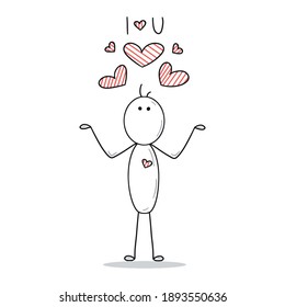 Stickman is watching the striped red hearts, fall in love. I love you. Happy Saint Valentine's day, feelings, emotions, love, man with heart. Black and white vector illustration with stick figure card