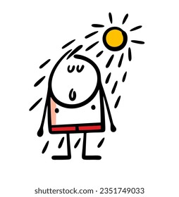 Stickman without clothes in red swimming trunks is standing on the beach and sunbathing. Vector illustration of stick gigure man under the hot rays of the summer sun. Funny person isolated.