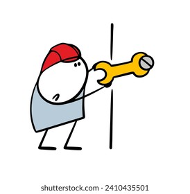 Un trabajador de cosquillas con casco rojo en un lugar de construcción pone un tornillo en la pared con una llave. Ilustración vectorial de   trabajo y personaje de dibujos animados satisfecho. Doodle aislado de fondo blanco.